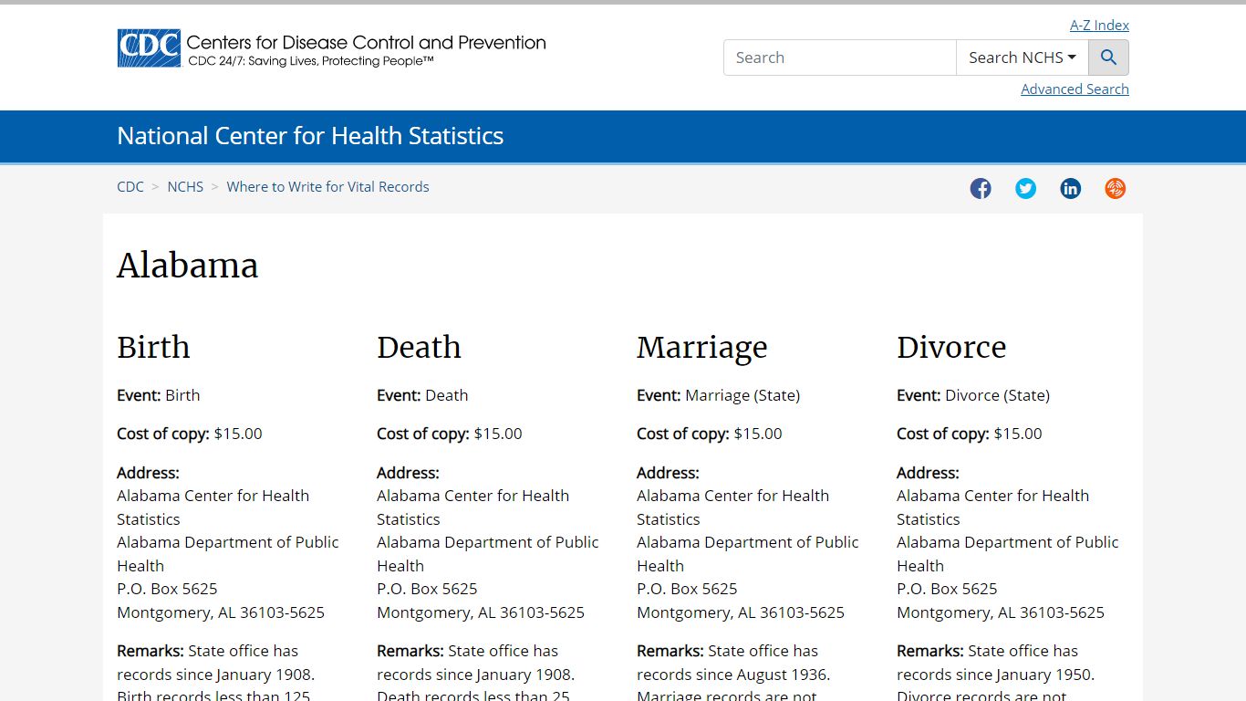 Where to Write for Vital Records - Alabama - Centers for Disease ...